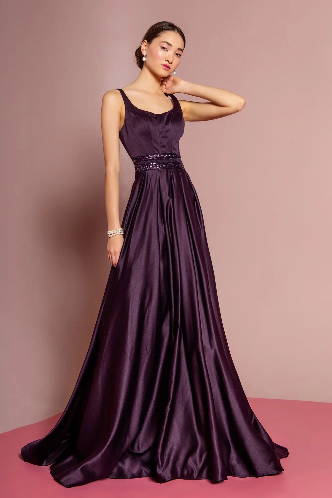 Satin Gown with Scoop Neck and Sheer Back by Elizabeth K GL2531