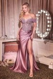 Off-Shoulder Beaded Corset Satin Gown by Ladivine KV1140