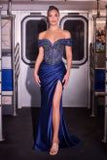 Off-Shoulder Beaded Corset Satin Gown by Ladivine KV1140