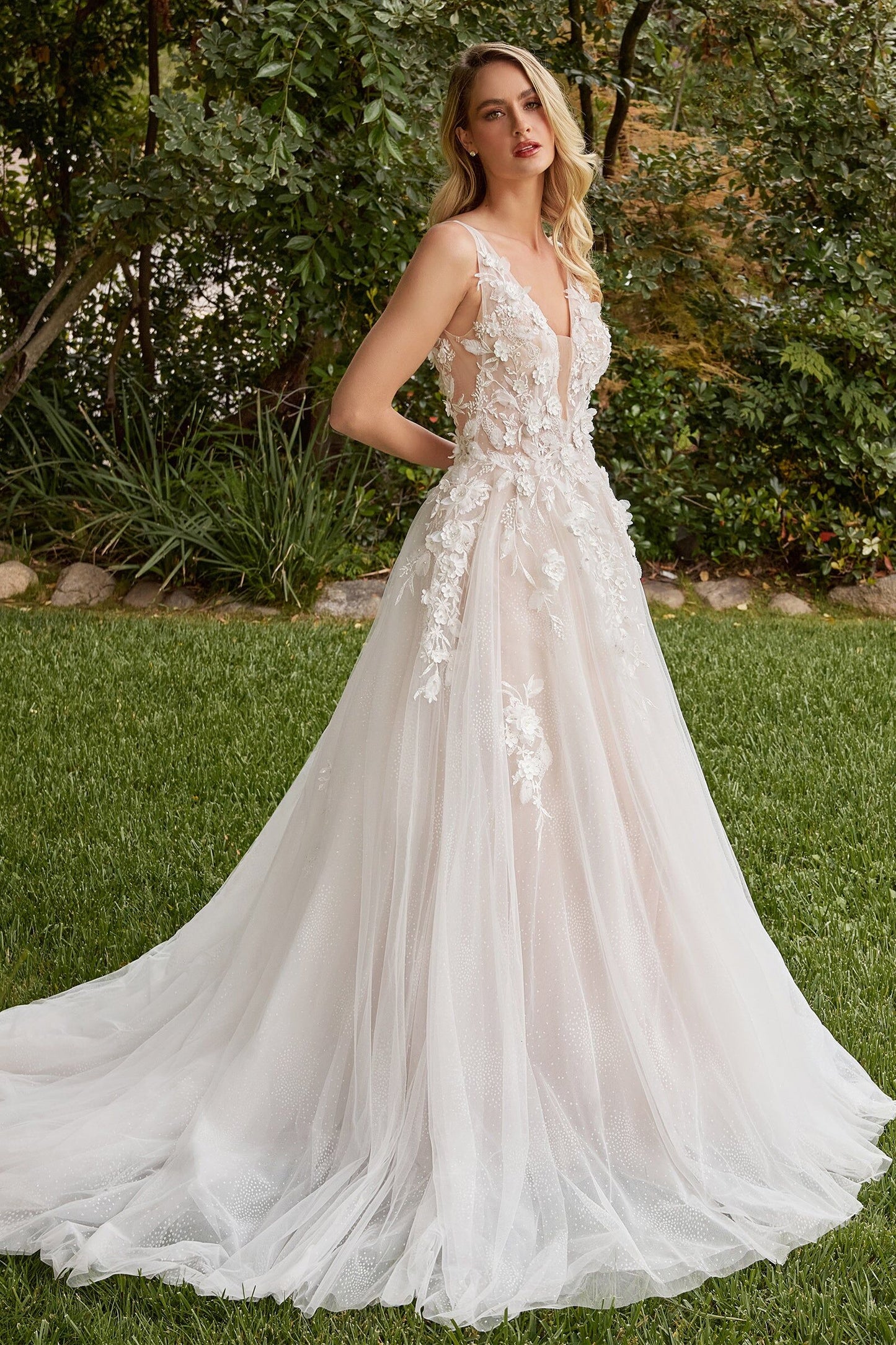 Woman in a white floral wedding dress standing outdoors with greenery in the background, WWWSNKDRESS ,LADIVAIN CDS436W