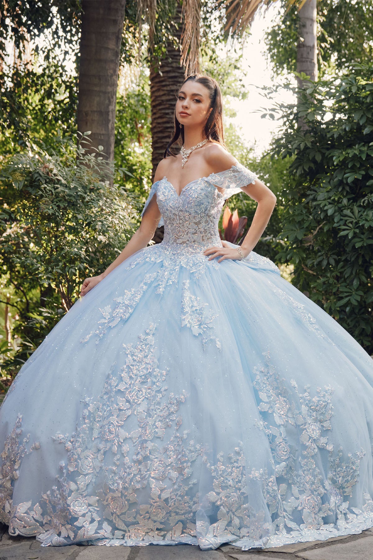 Off The Shoulder Embroidered  Detachable Ribbon Ball Gowns by JULIET- 1458