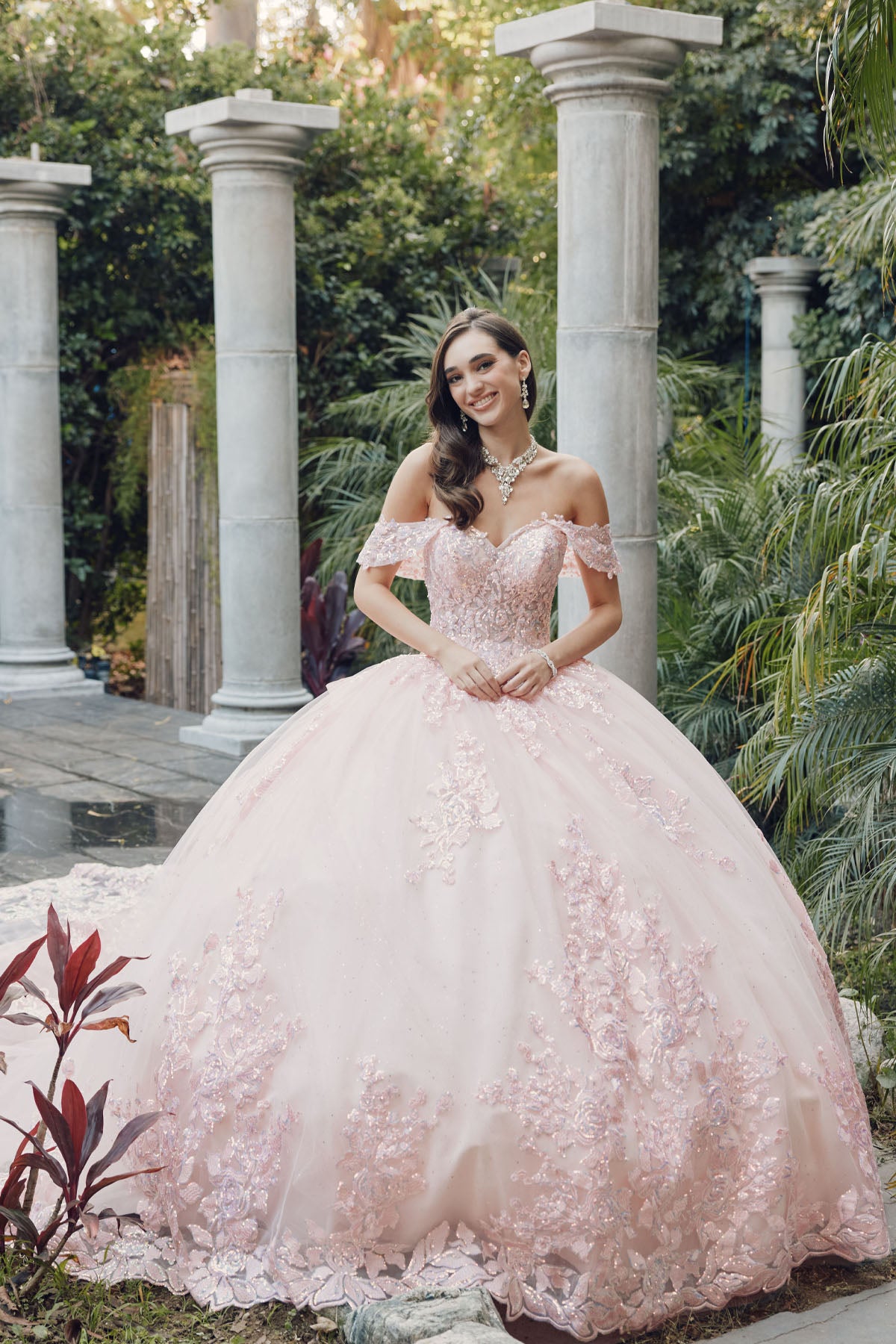 Off The Shoulder Embroidered  Detachable Ribbon Ball Gowns by JULIET- 1458