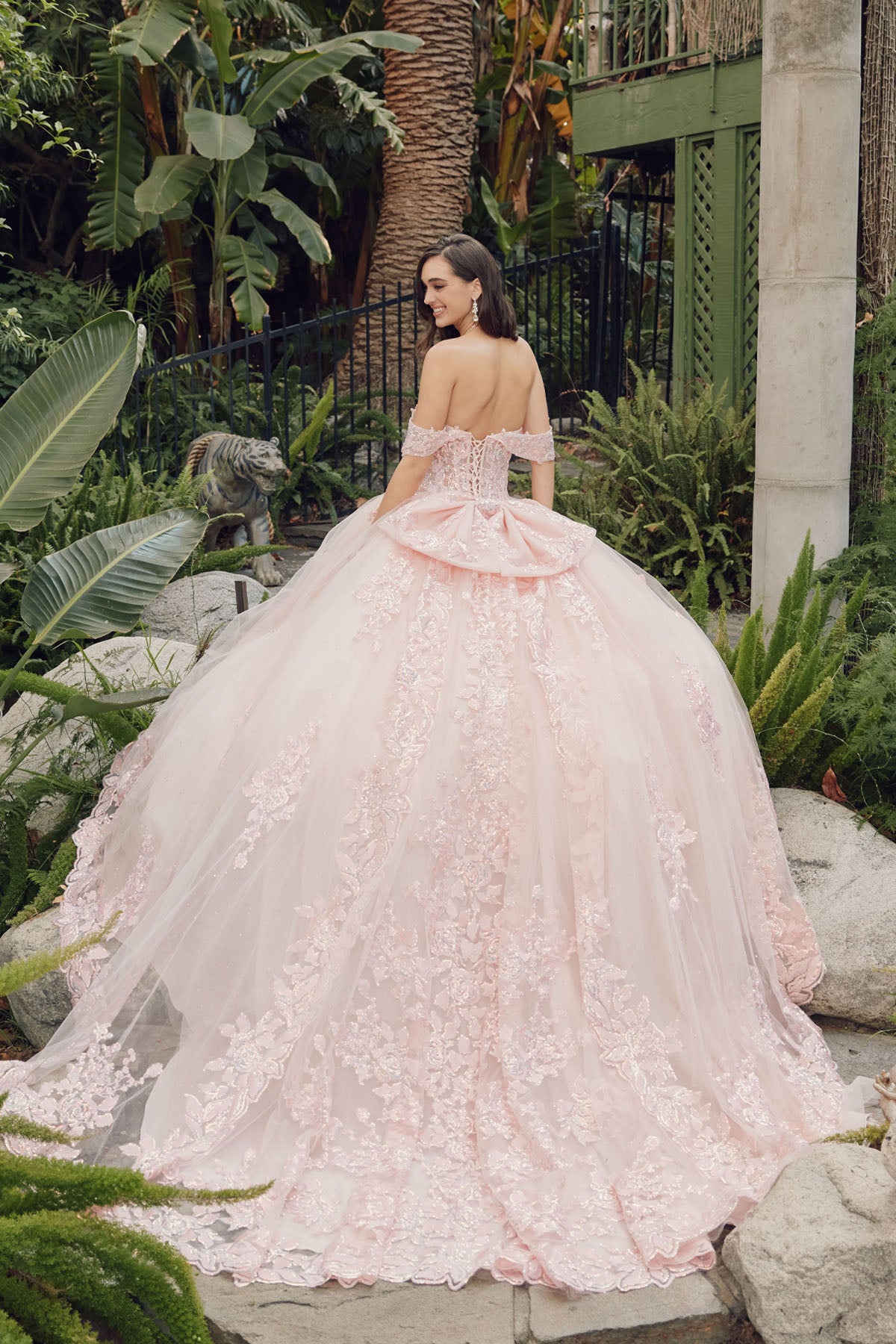 Off The Shoulder Embroidered  Detachable Ribbon Ball Gowns by JULIET- 1458