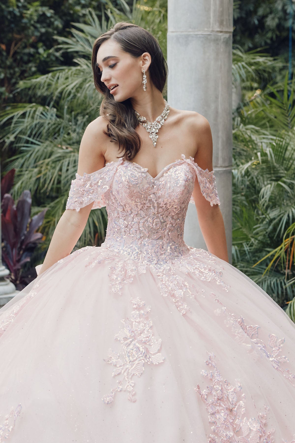 Off The Shoulder Embroidered  Detachable Ribbon Ball Gowns by JULIET- 1458