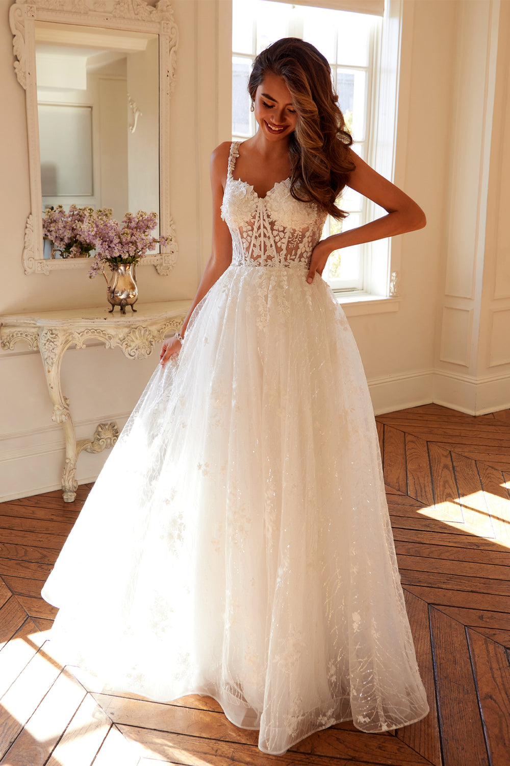 Juliet JT2495AW Long A Line Floral Lace Wedding Dress - Off White / 4 Juliet JT2495AW Long A Line Floral Lace Wedding Dress - Off White / 4