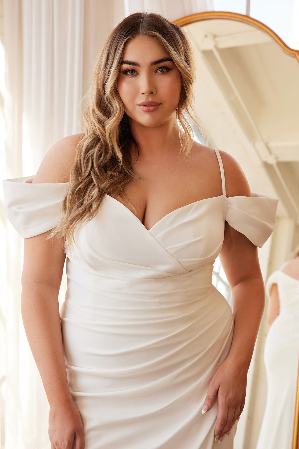 Ladivine KV1057WC off shoulder crepe gown in off white
