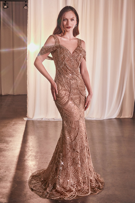 off-shoulder fitted evening gown with V-neckline, beaded bodice, and layered tulle fit and flare skirt by Cinderella Divine CC4020 – www.snkdress.com