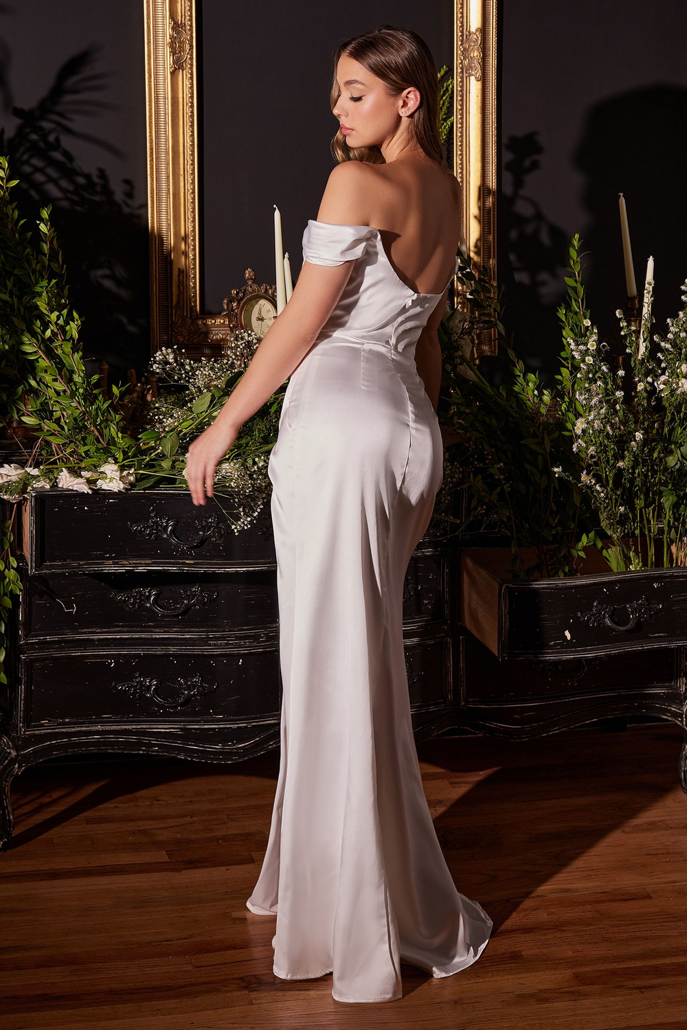 Ladivine 7492W off white off-shoulder satin corset gown with thigh-high slit and sweep train