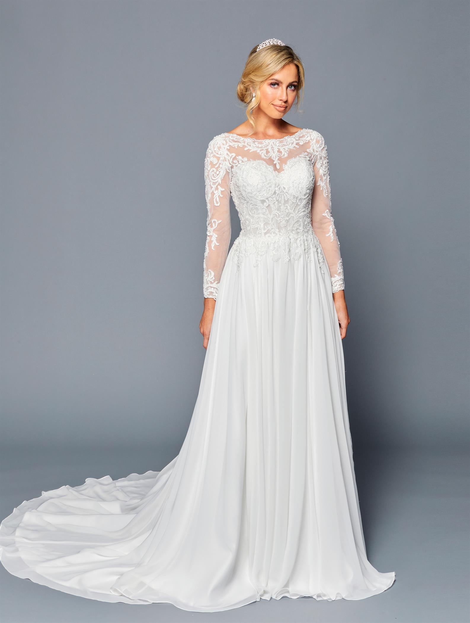 Long-Sleeve Illusion Boat A-Line Dress by Bridal 45361