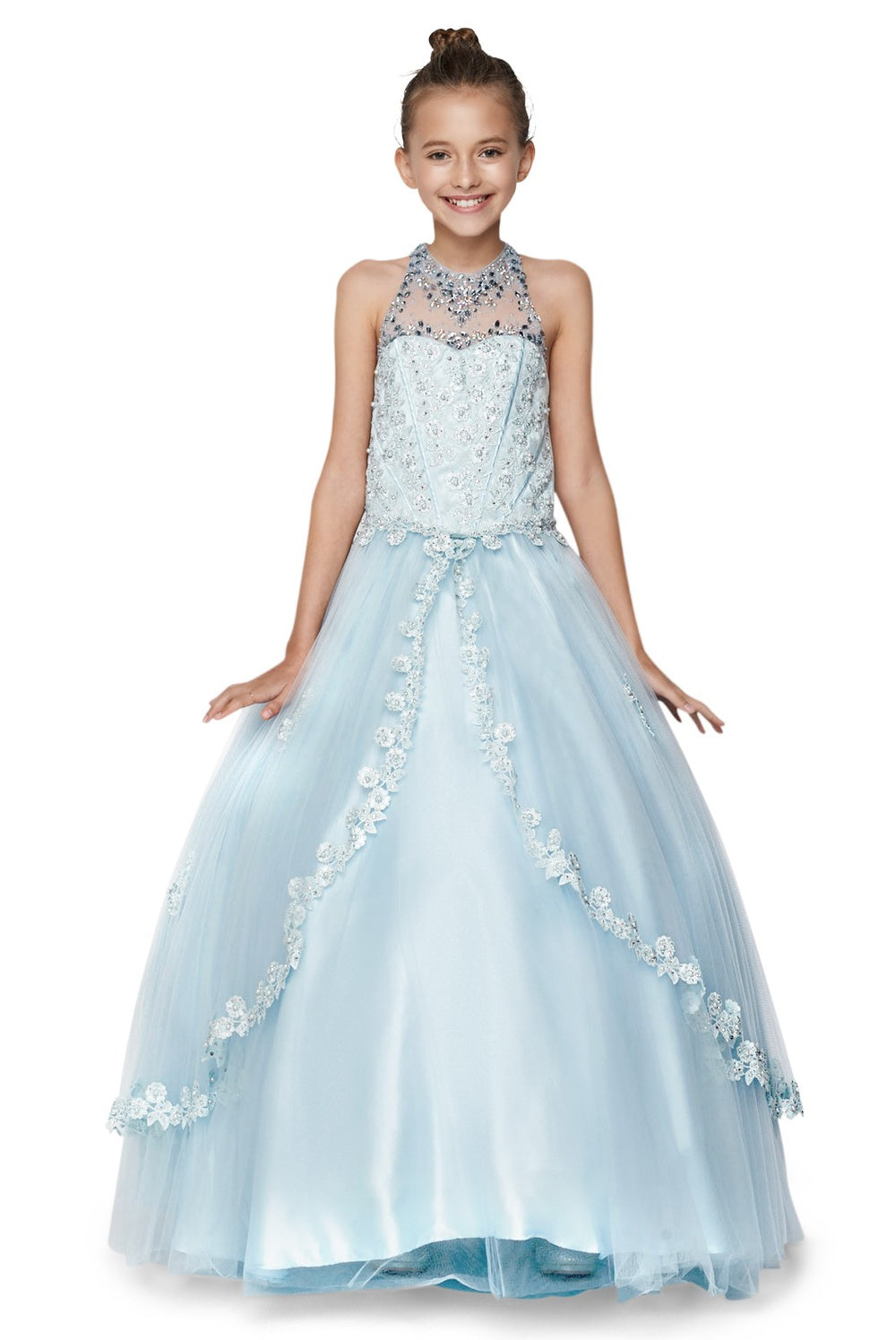 Mini Quince halter rhinestone and pearl party tulle dress – Cinderella Couture 5060 Blush, White, Royal | www.snkdress.com

