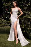 off white one shoulder satin gown with draped design