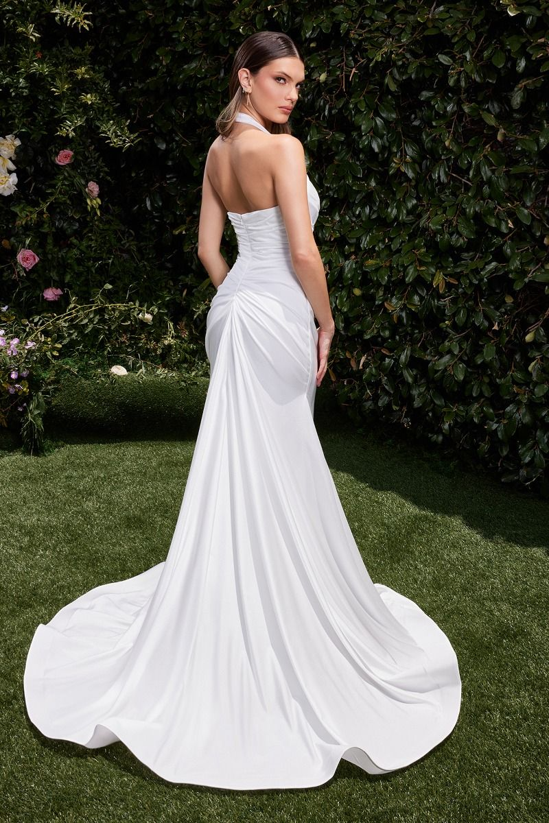 Model wearing Ladivine CD769W off white strapless satin gown with side slit