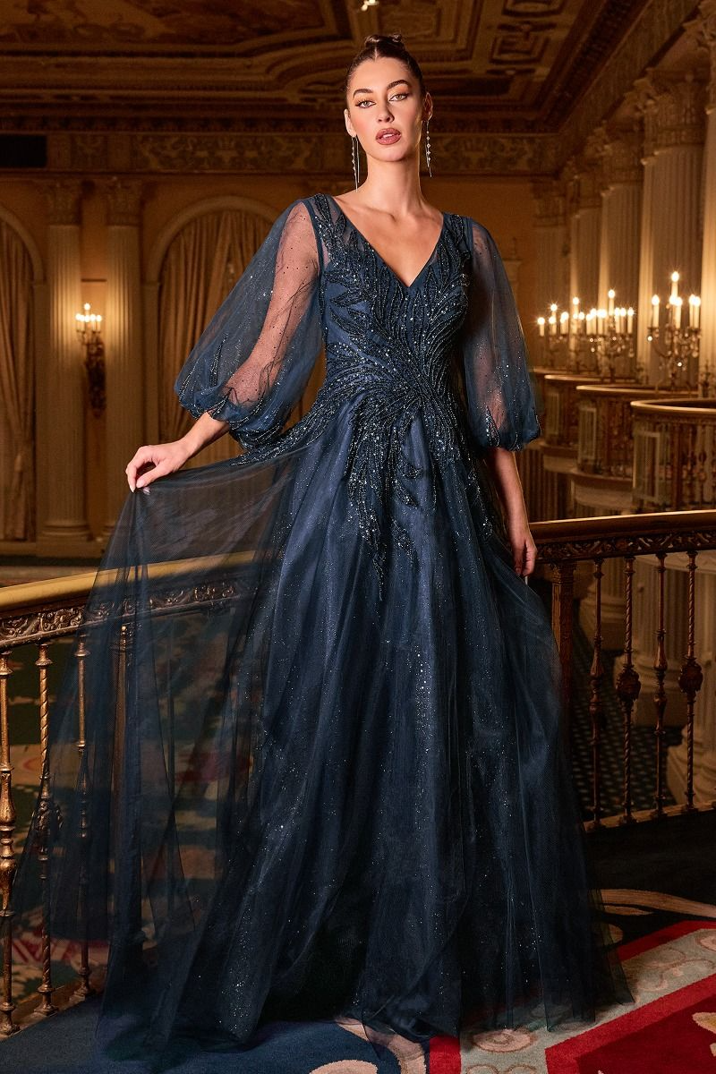 Long Sleeve Embellished Gown by Divine CD0101