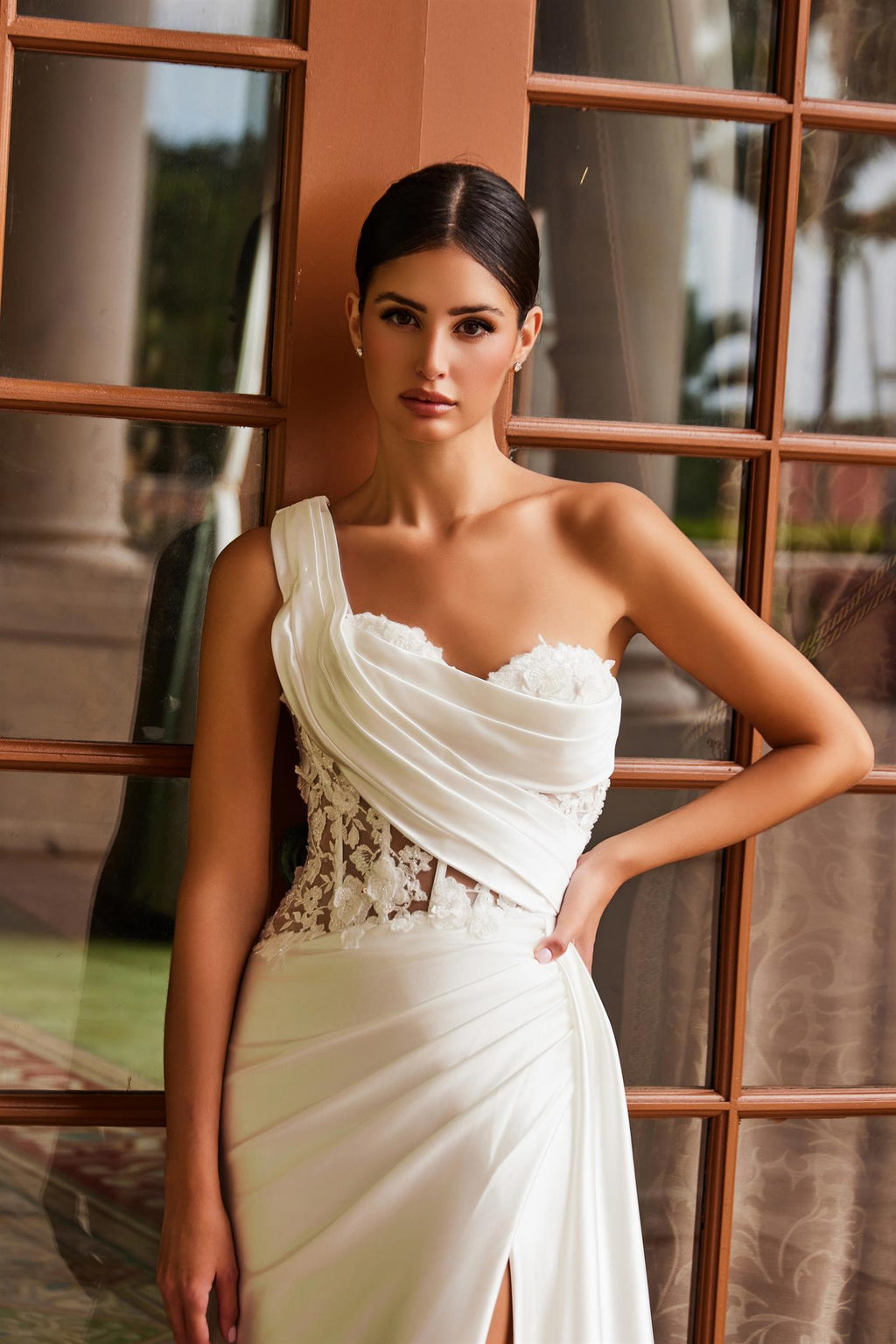 Pleated One-Shoulder Corset Wedding Dress by Nox Anabel E1526W
