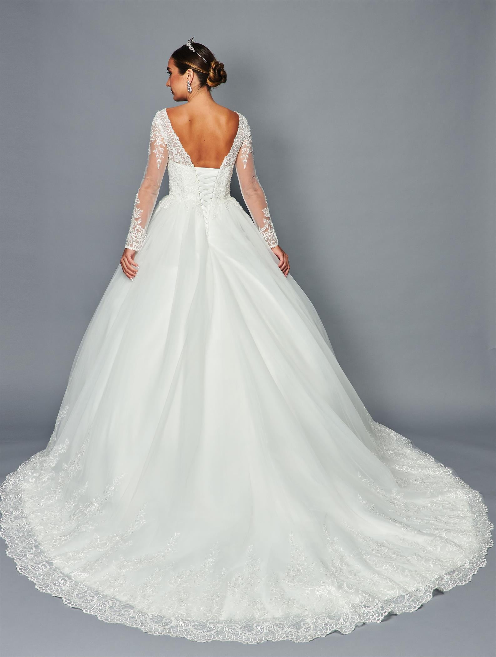 Long-Sleeve Boat Neck Ball Gown by Bridal 46411