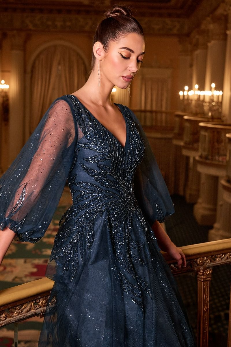 Long Sleeve Embellished Gown by Divine CD0101