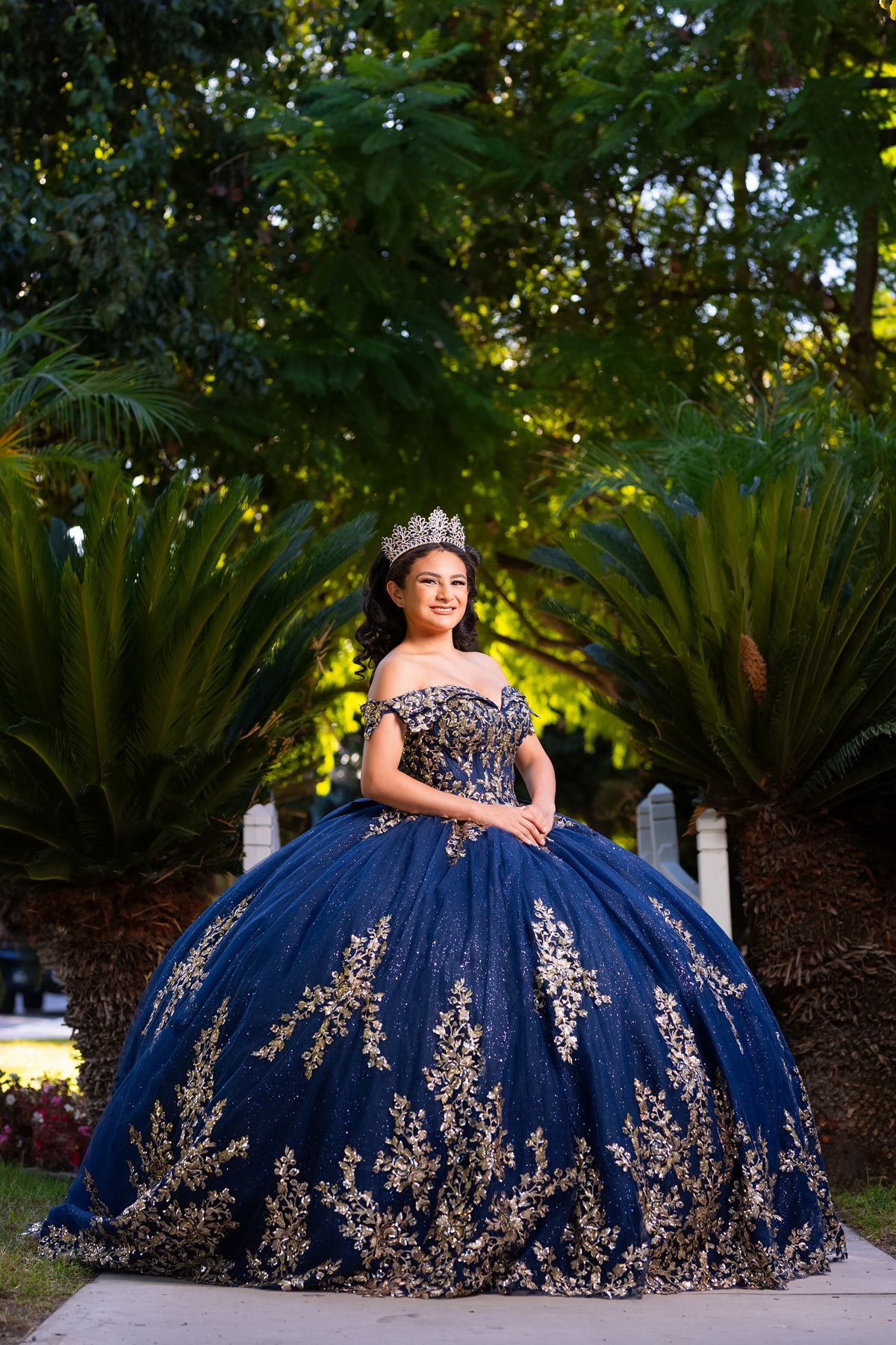 Off The Shoulder Navy Gold Quinceanera Dress by Chic 3134355