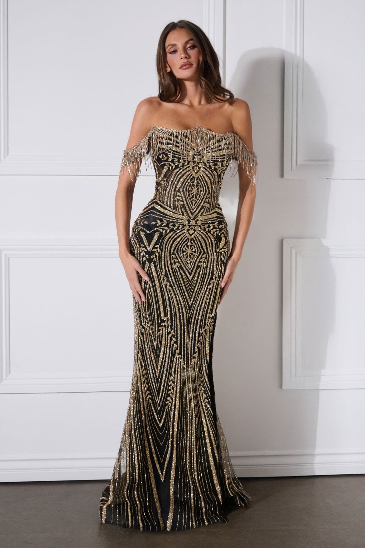 Beaded Off-Shoulder Fitted Evening Gown by Ladivine J908