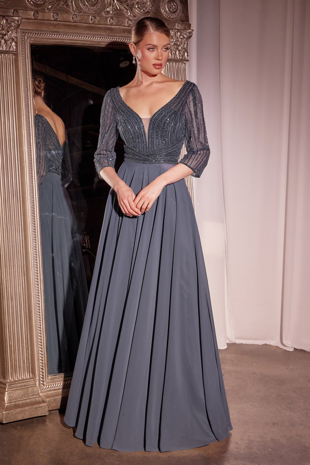 Ladivine CC446 three-quarter sleeve beaded chiffon A-line gown - www.snkdress.com