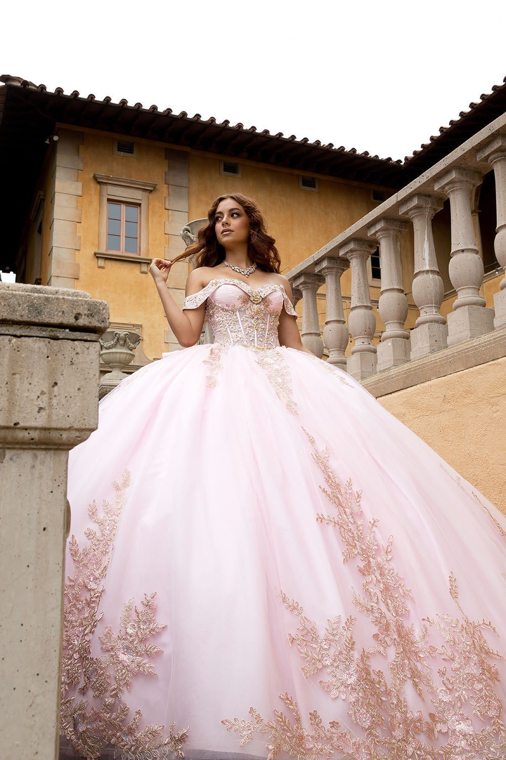 Quinceanera ball gown dress gold embroidery