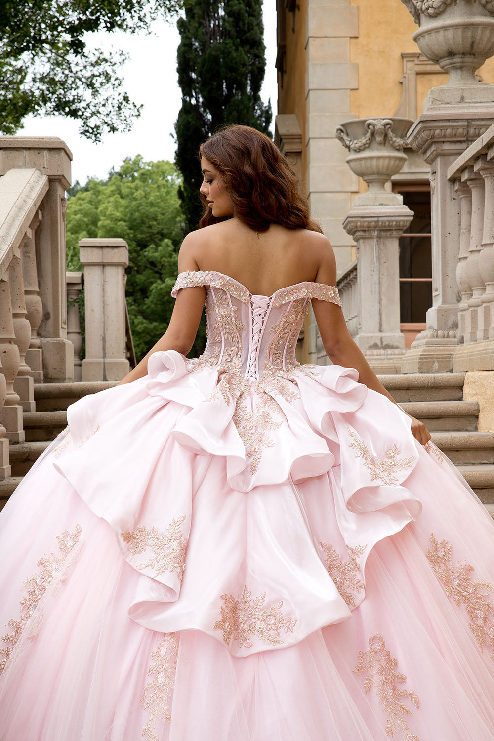 Quinceanera ball gown dress gold embroidery