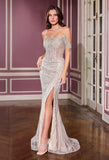 Beaded Off-Shoulder Fitted Evening Gown by Ladivine J908