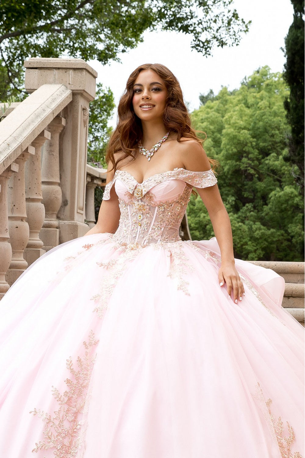 Quinceanera ball gown dress gold embroidery