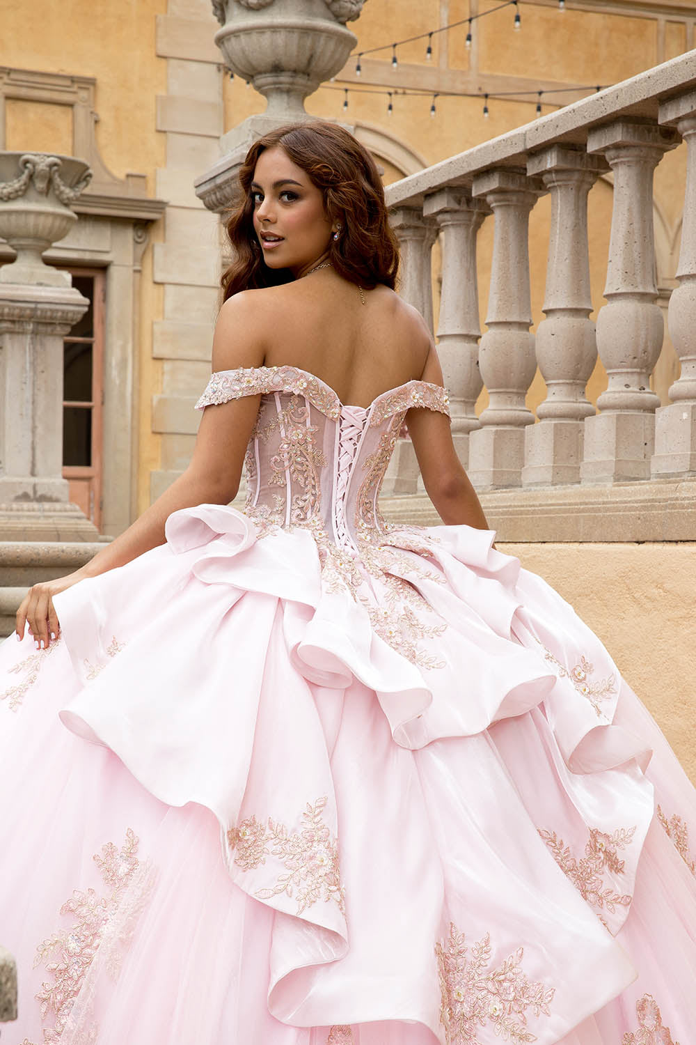 Quinceanera ball gown dress gold embroidery