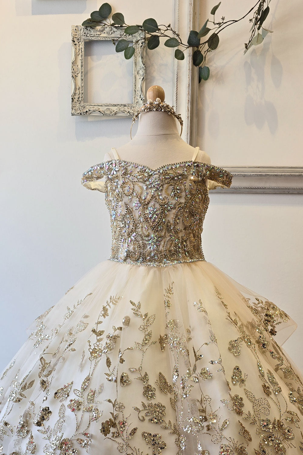 Girls Cold Shoulder Ball Gown by Petite Adele PK1041 3 / Rose Gold/Gold Girls Cold Shoulder Ball Gown by Petite Adele PK1041 3 / Rose Gold/Gold