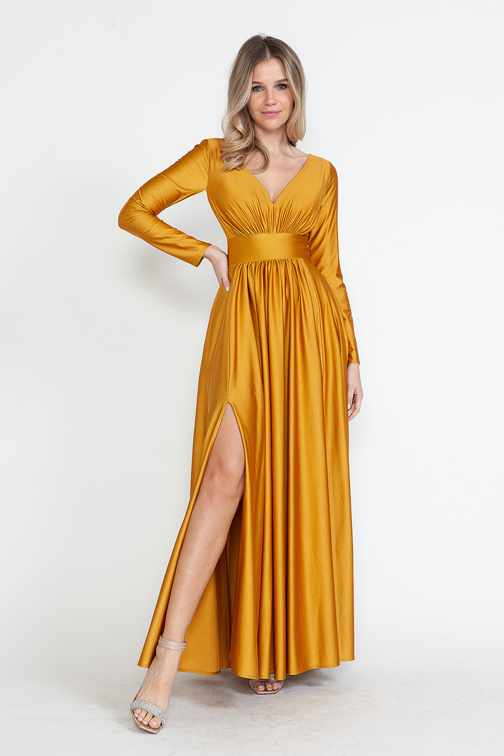 Long Sleeve V-Neck Ruched Pocketed Formal Dress by Lenovia 5231