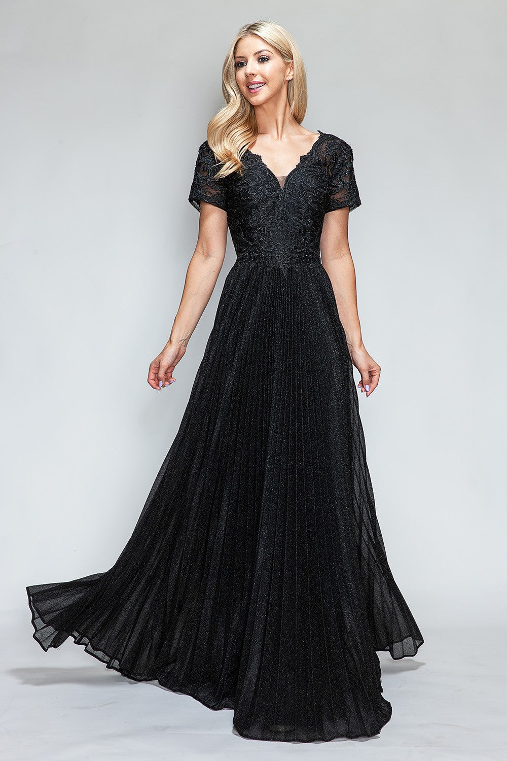 Scalloped Embroidered Mid-Sleeved Pleated Formal Dress by Lenovia 8139