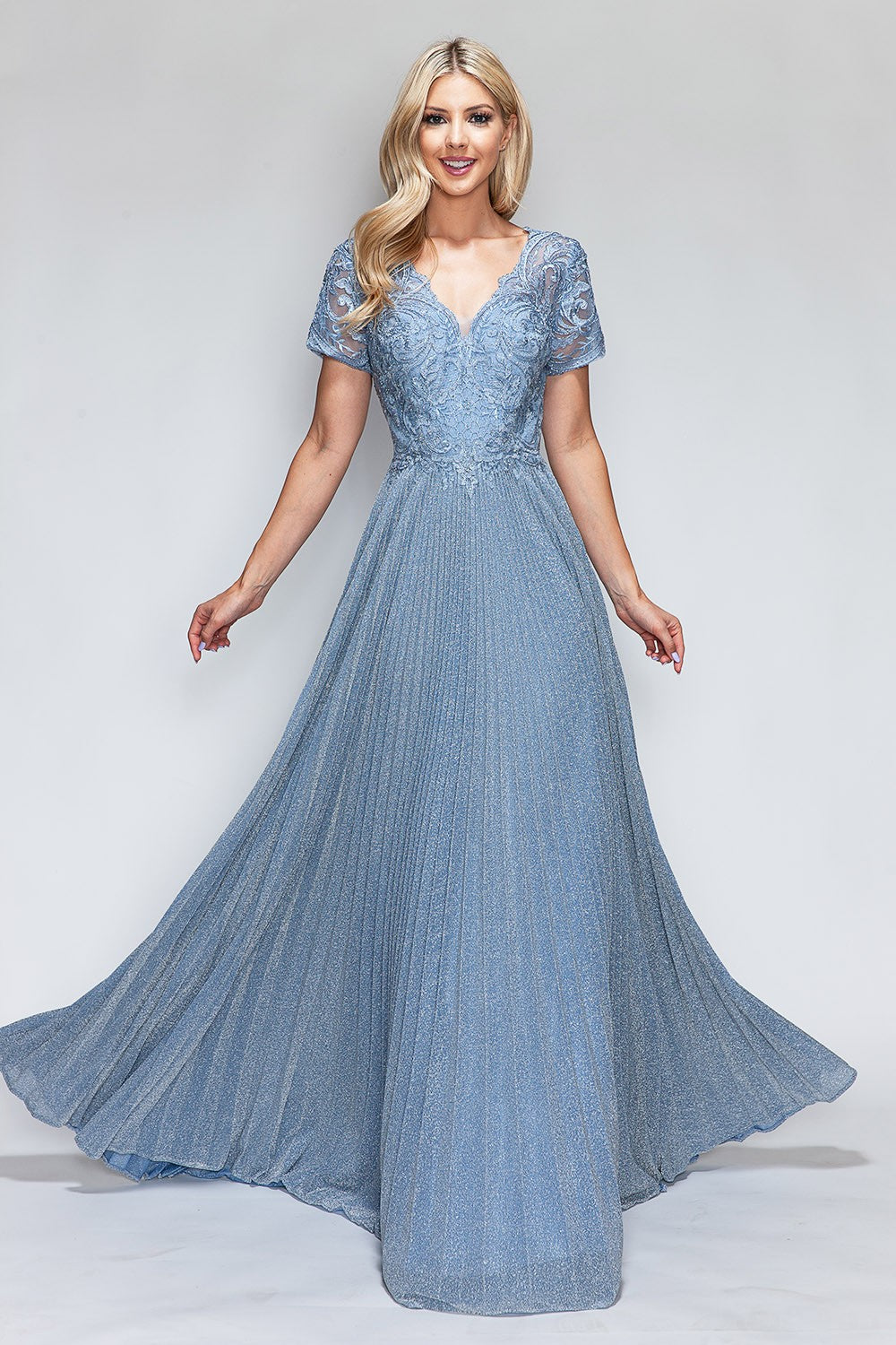 Lenovia 8139 scalloped embroidered v-neck pleated mother of the bride gown with mesh scarf · www.snkdress.com
