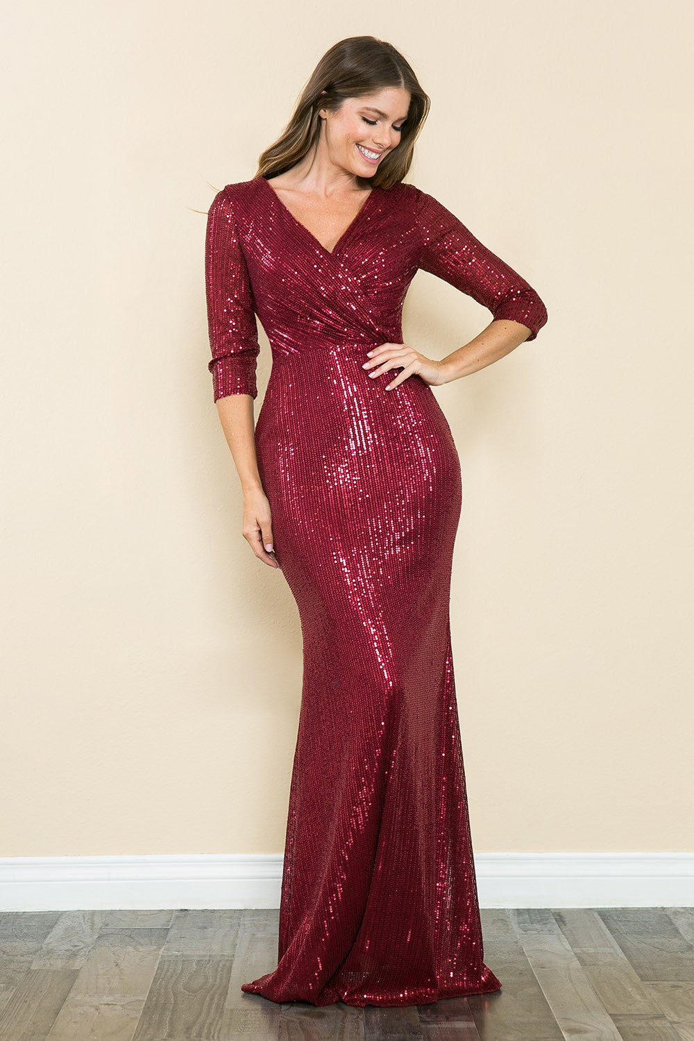 Sequin 3/4 Sleeve Wrap Ruched Formal Dress by Lenovia 8186