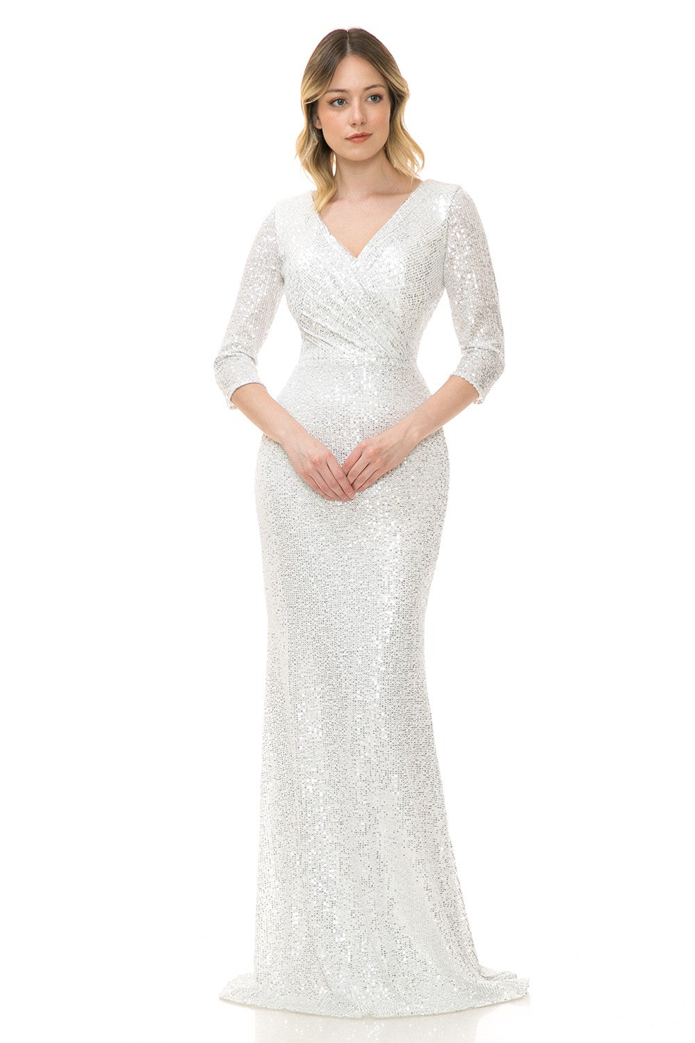 Sequin 3/4 Sleeve Wrap Ruched Formal Dress by Lenovia 8186