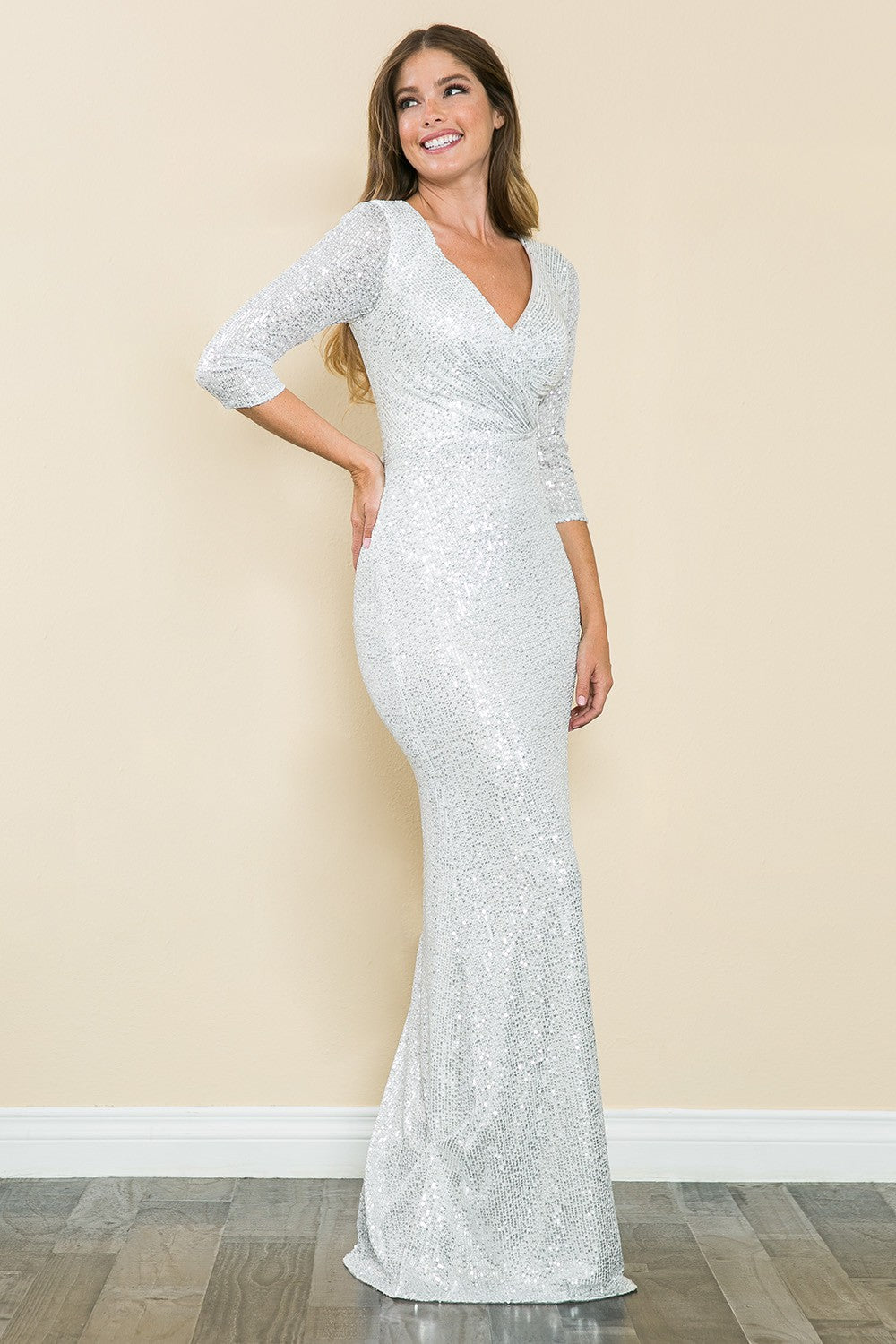 Sequin 3/4 Sleeve Wrap Ruched Formal Dress by Lenovia 8186