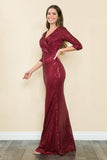 Sequin 3/4 Sleeve Wrap Ruched Formal Dress by Lenovia 8186