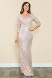 Sequin 3/4 Sleeve Wrap Ruched Formal Dress by Lenovia 8186