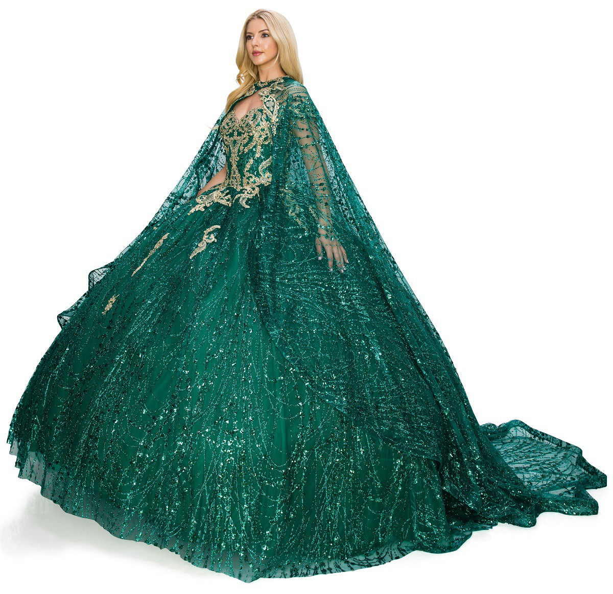 Glittered lacy Cape ball gown by Cinderella Couture  4201