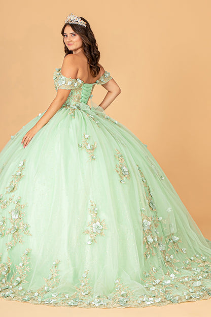 3-D Flower Applique Sweetheart Neckline Mesh Quinceanera Gown by Elizabeth K GL3102