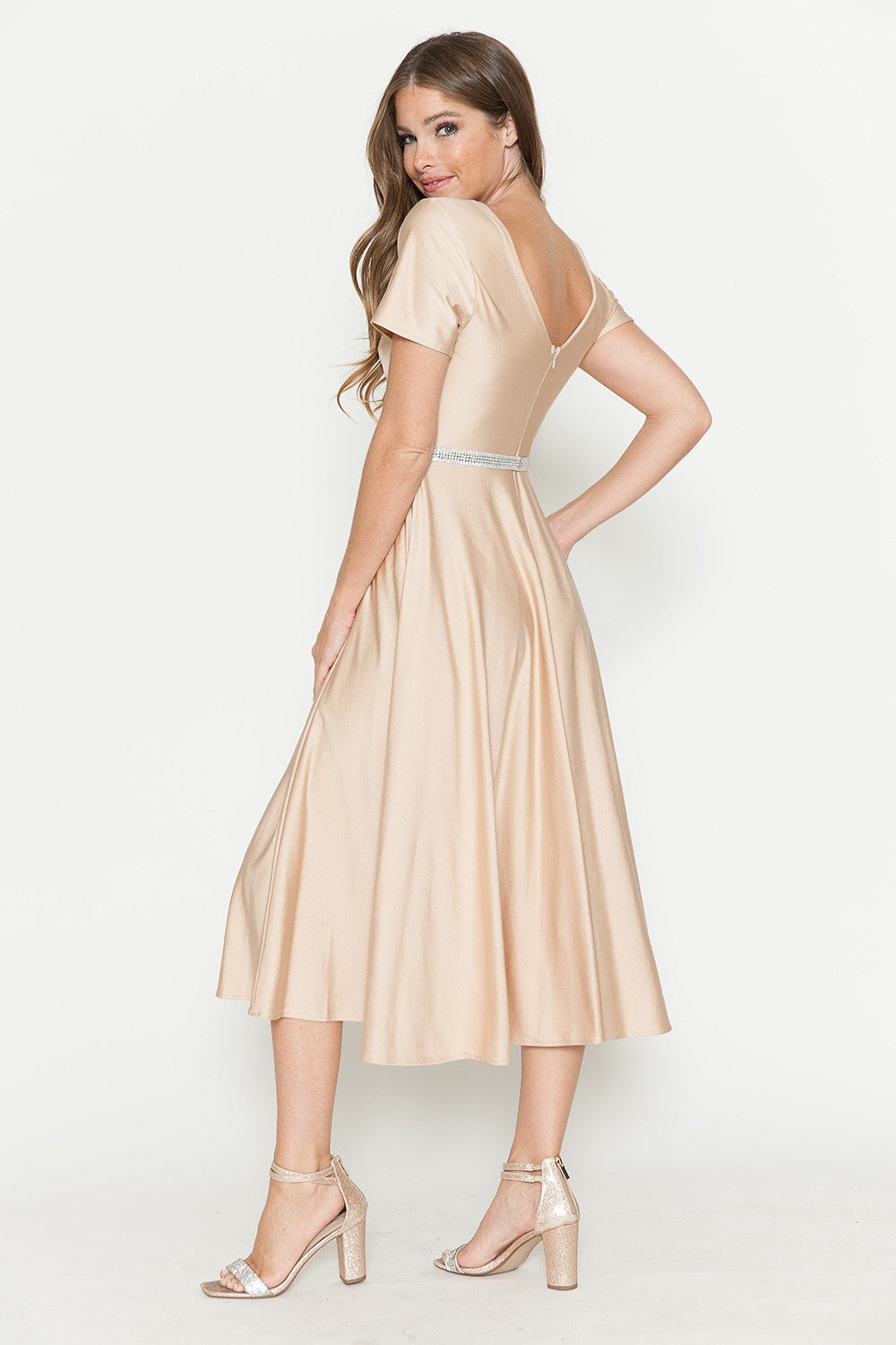Short Sleeve Pocketed Tea-Length Dress by Lenovia 5274