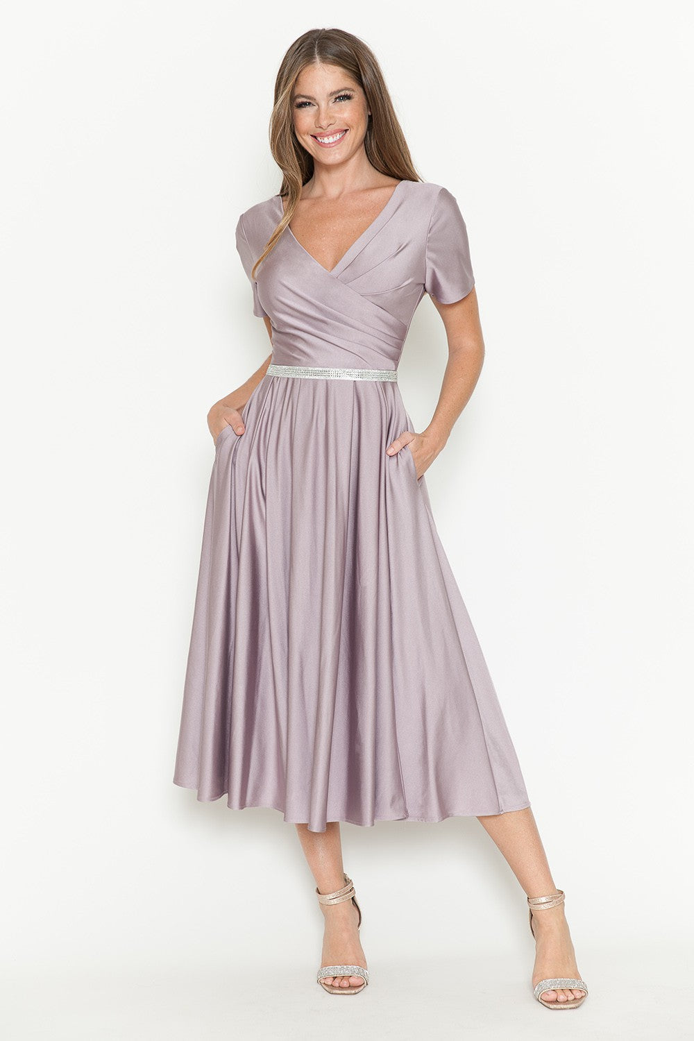 Short Sleeve Pocketed Tea-Length Dress by Lenovia 5274