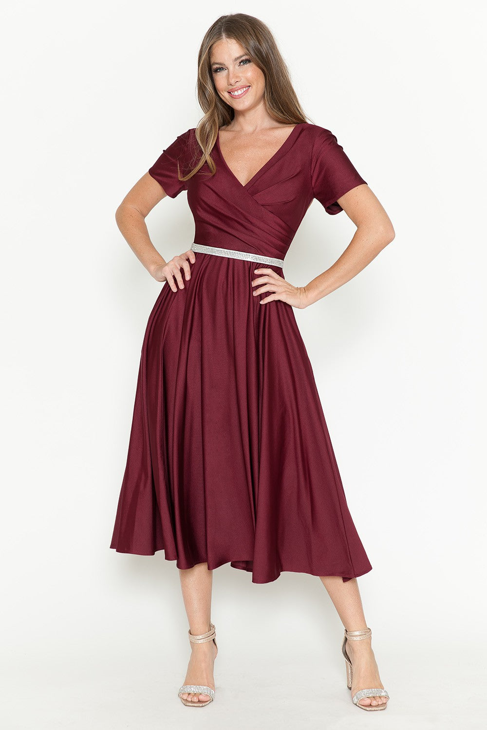 Short Sleeve Pocketed Tea-Length Dress by Lenovia 5274