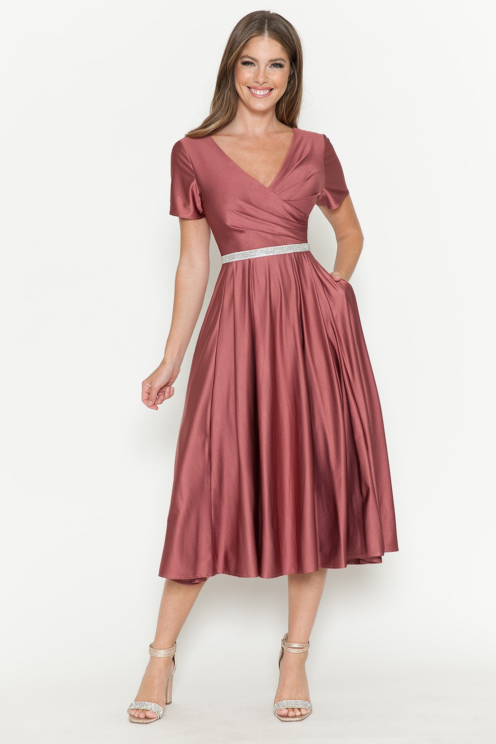 Lenovia 5274 wrap top pleated tea-length mother of the bride dress with embellished belt and pockets · www.snkdress.com