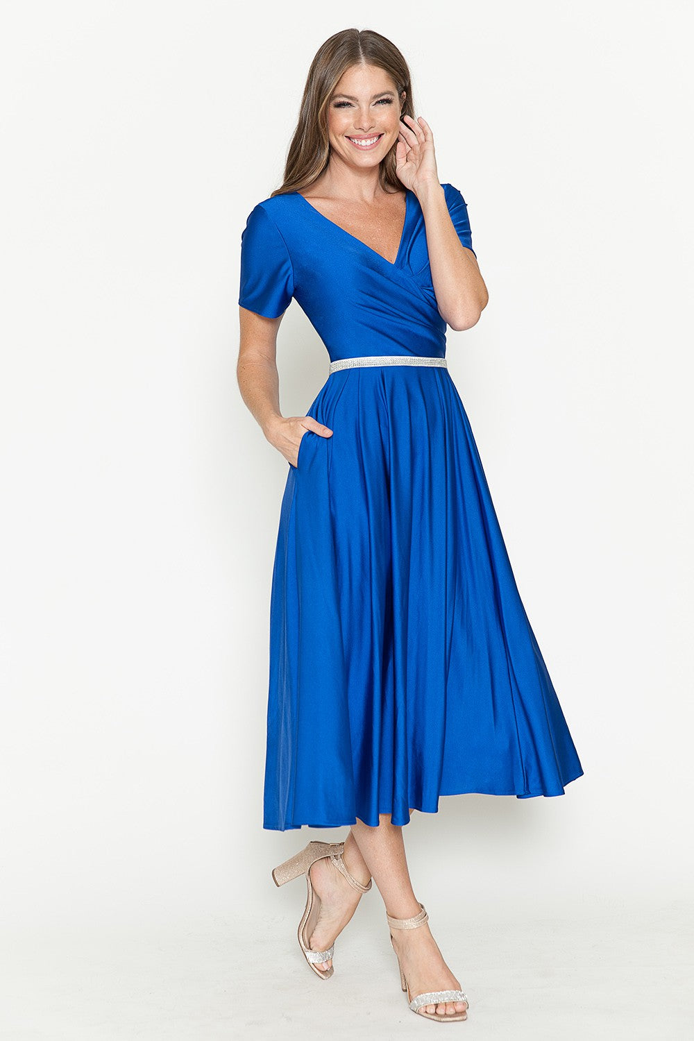 Short Sleeve Pocketed Tea-Length Dress by Lenovia 5274