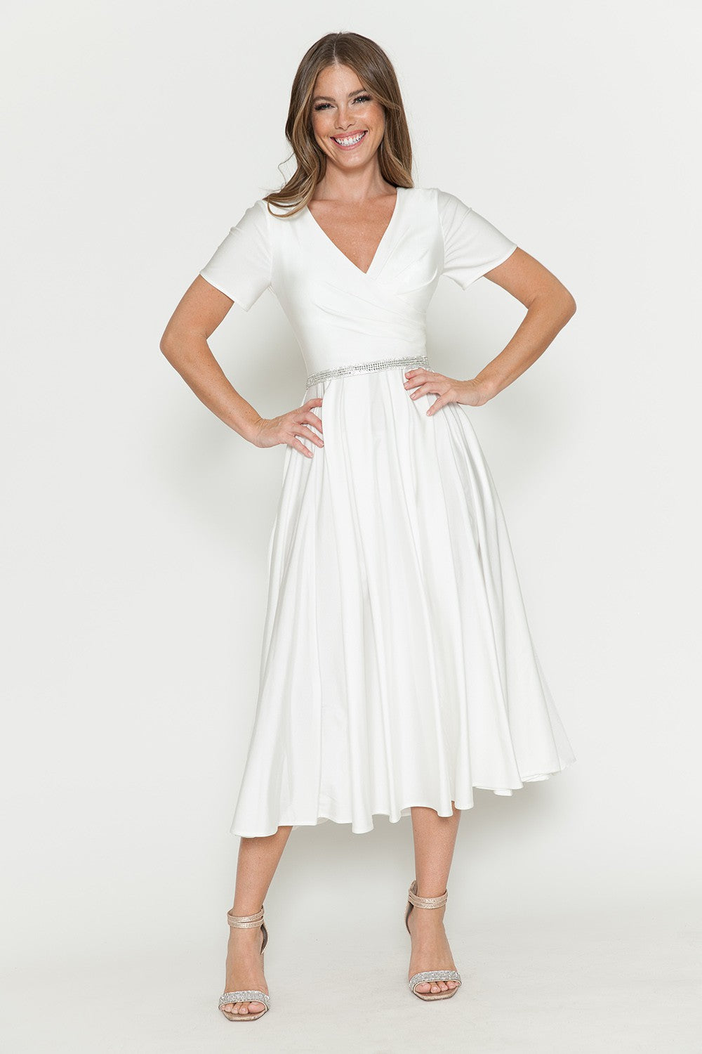Short Sleeve Pocketed Tea-Length Dress by Lenovia 5274