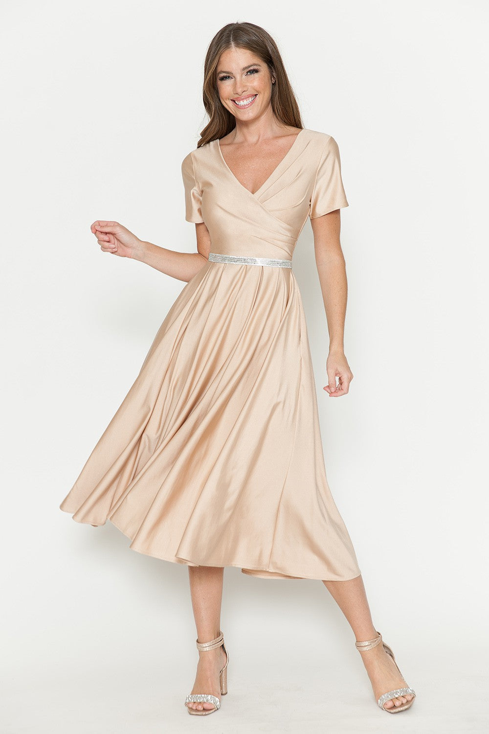 Short Sleeve Pocketed Tea-Length Dress by Lenovia 5274