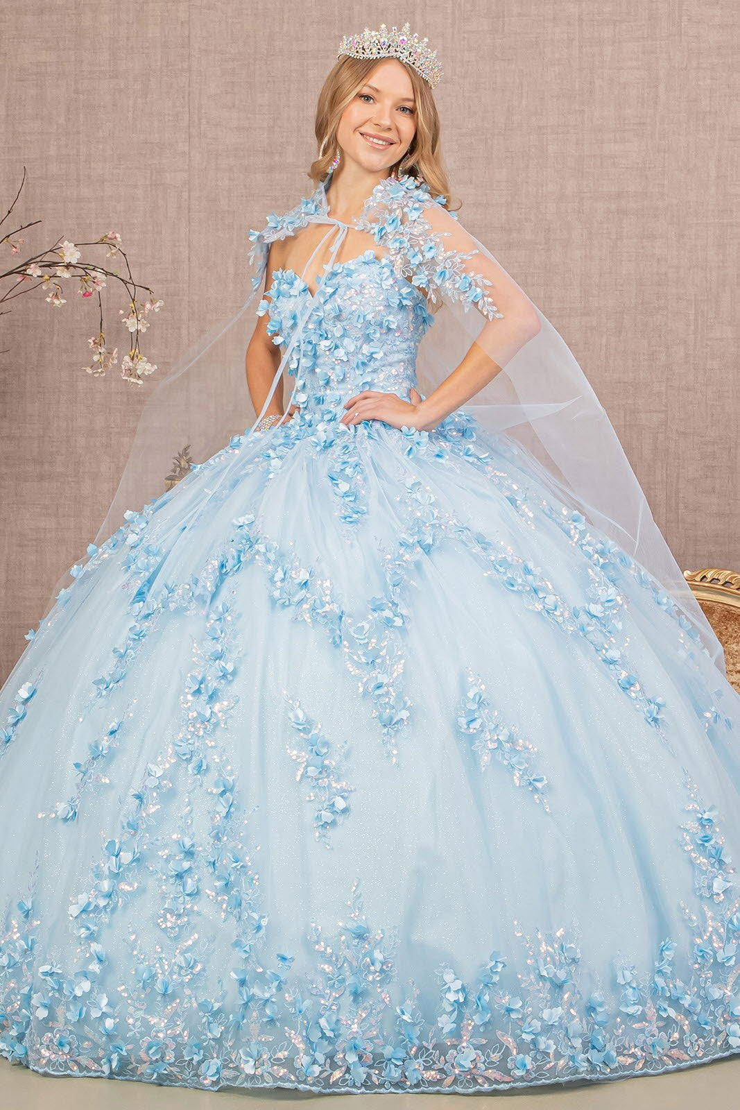 3D Flower Applique Glitter Ball Gown by Elizabeth K GL 3103