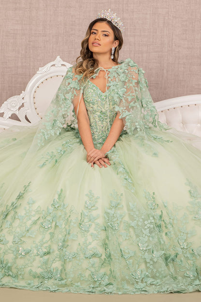 Butterfly Appliques  Long Mesh Cape Ball Gown By Elizabeth K GL 3104