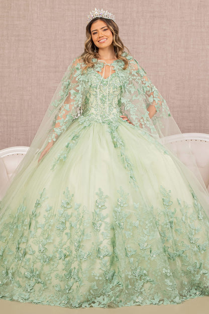 Butterfly Appliques  Long Mesh Cape Ball Gown By Elizabeth K GL 3104