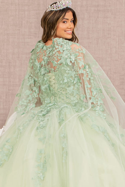 Butterfly Appliques  Long Mesh Cape Ball Gown By Elizabeth K GL 3104